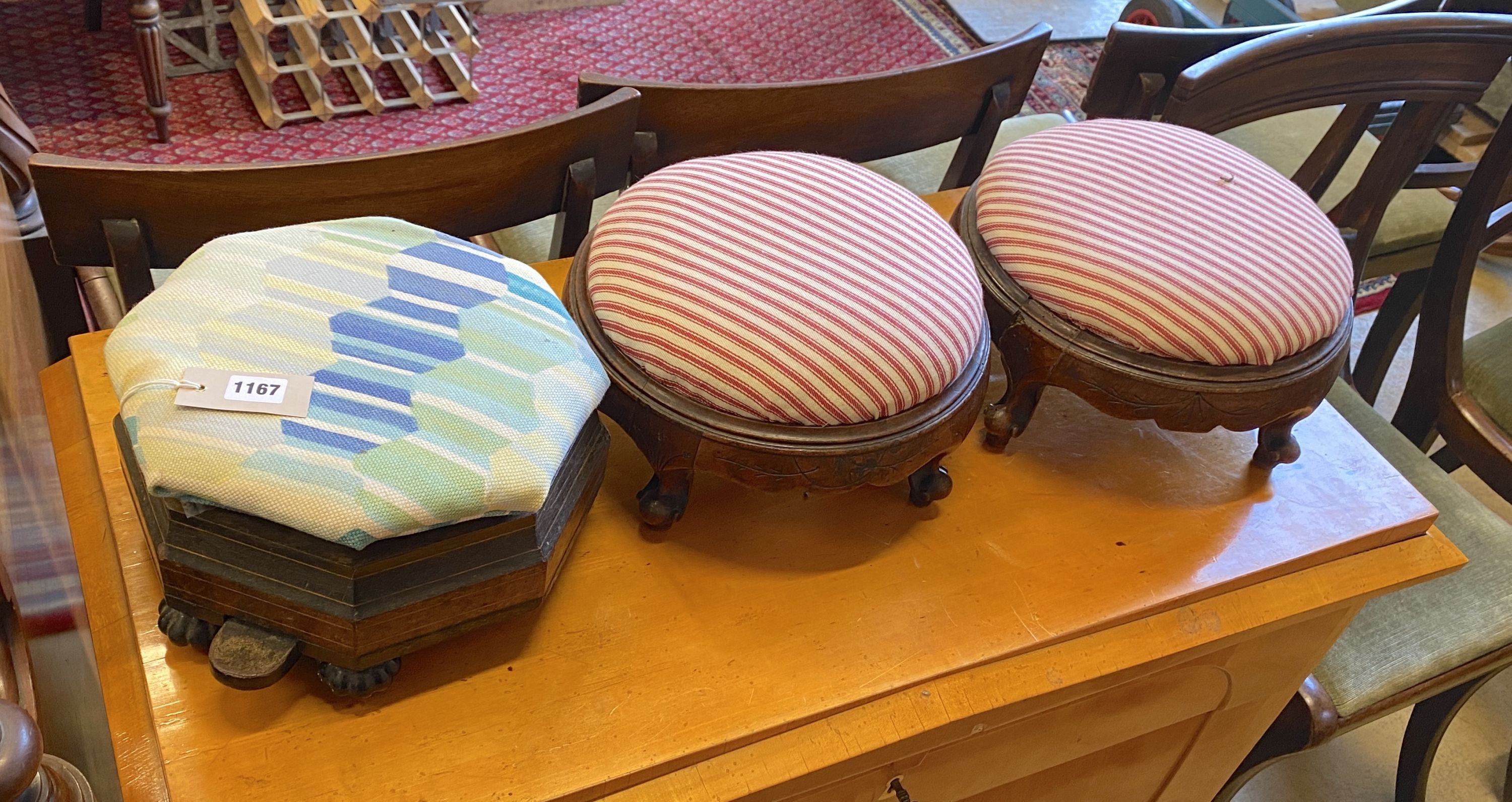 A Victorian octagonal footstool / spitoon together with a pair of Victorian circular mahogany footstools